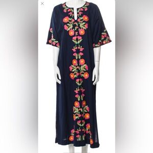 Frances Valentine Charming Caftan Poppy Embroidery Maxi Dress  in Navy